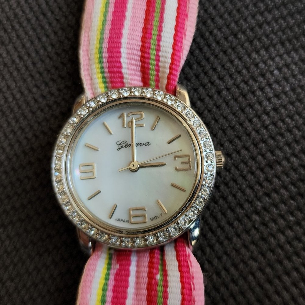 Geneva Platinum Stainless Steel Rhinestone Ribbon Fashion Watch Set